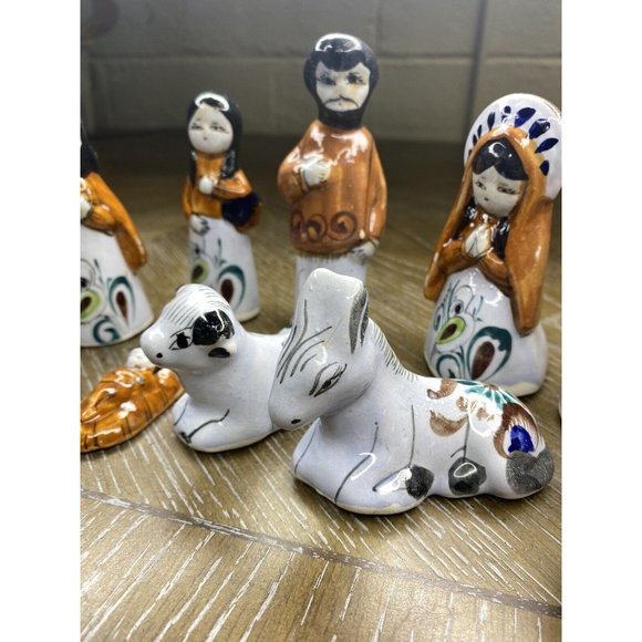 Mexican Folk Art 13 Pc NATIVITY SCENE Tonala Pottery Christmas Décor Green Brown - Picture 6 of 8
